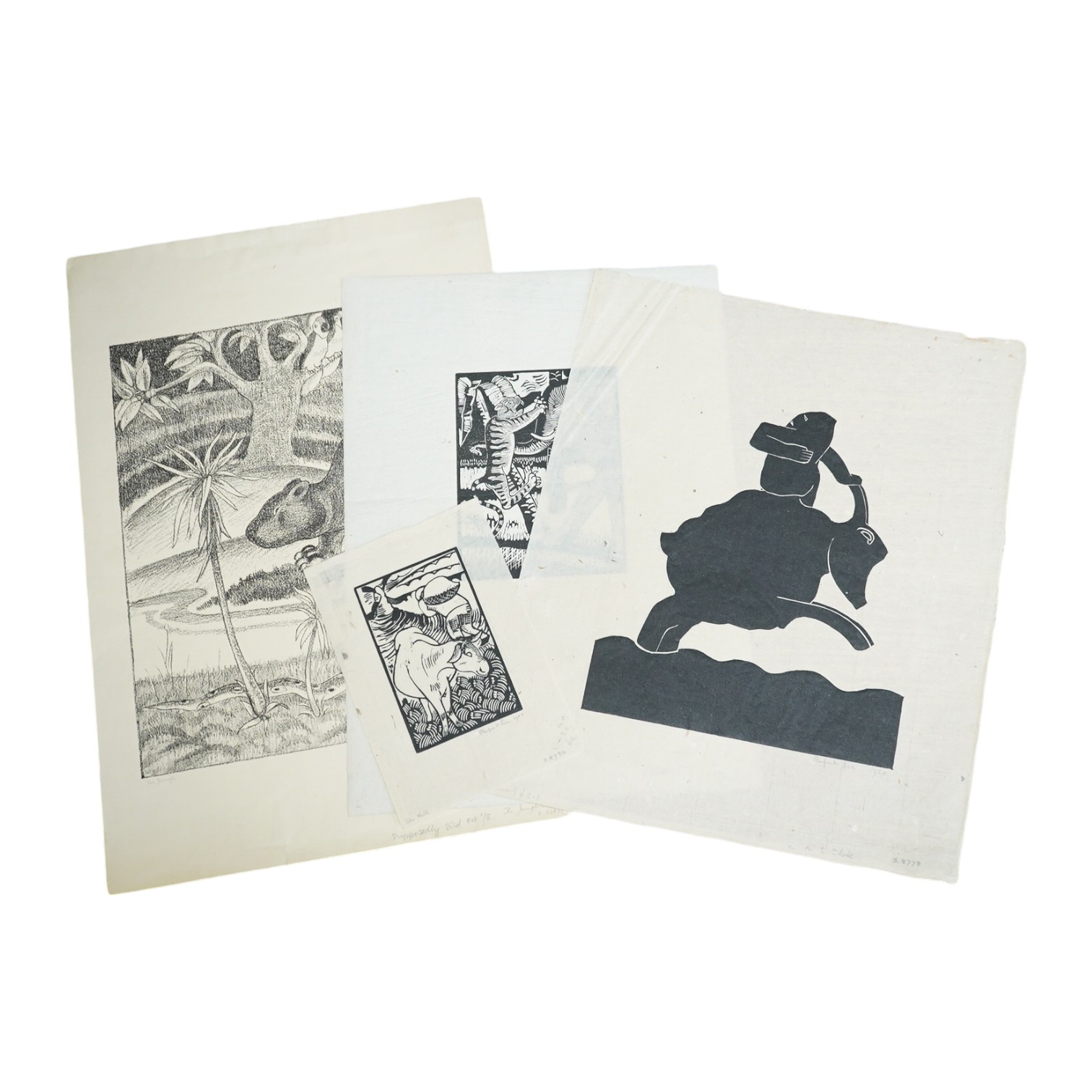 Rupert Lee (1887-1959), three wood engravings and a lithograph; 'The Dwarf', signed and dated 1920, numbered 2.2, sheet 32 x 26cm; 'The Mill', signed and dated 1920, 16 x 11cm; 'Elephant & Tiger', signed and dated 1919,